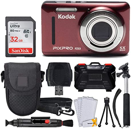 Kodak PIXPRO FZ53 16.15MP Digital Camera (Red)   32GB Memory Card   Point and Shoot Camera Case   Extendable Monopod   Lens Cleaning Pen   LCD Screen Protectors   Table Top Tripod – Ultimate Bundle