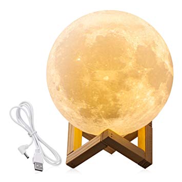 Moon Lamp Night Light Lunar Lamp Touch Control Dimmable Warm And Cool White, Extra Large Rechargeable 7.1inch Bedroom Decorative Light With Wooden Base And USB Charger, Gift For Anniversary Kids