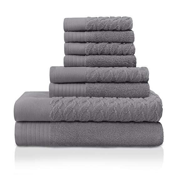 Superior 100% Turkish Cotton 8-Piece Towel Set, Dense Cordage Pattern Jacquard Weave, Super Soft, Plush and Highly Absorbent - Grey, 2 Bath Towels, 2 Hand Towels, and 4 Wash Cloths