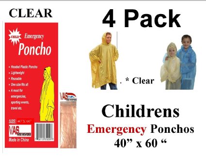 4 VAS Childrens 40" X 60" Emergency Child / Kid Rain Poncho - CLEAR