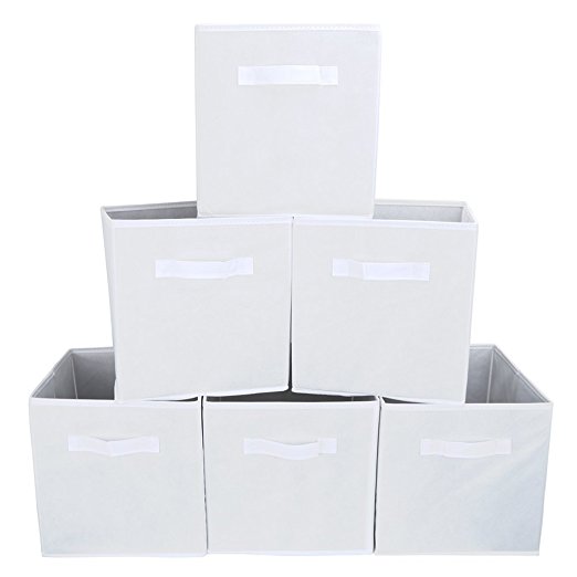 Storage Box (Pack of 6), EZOWare Foldable Organiser Cube Basket Bin for Washing Laundry, Toys, Clothes, DVDs, Books, Food, Bedding, Art and Craft - White