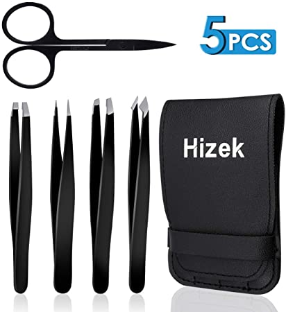 Tweezers, Hizek 5Pcs Eyebrow Tweezers Scissor Set, Tweezers Professional Women for Eyebrow Ingrown Hair False Eyelashes Nose Hair Exfoliate