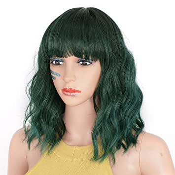 AISI HAIR Mixed Green Short Curly Bob Wigs With Bangs Shoulder Length Green Bob Wavy Wig For Women Synthetic Halloween Cosplay wigs