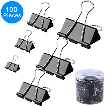 AUSTOR 100 pcs Binder Clips Paper Clamp Clips Assorted 6 Sizes, Black