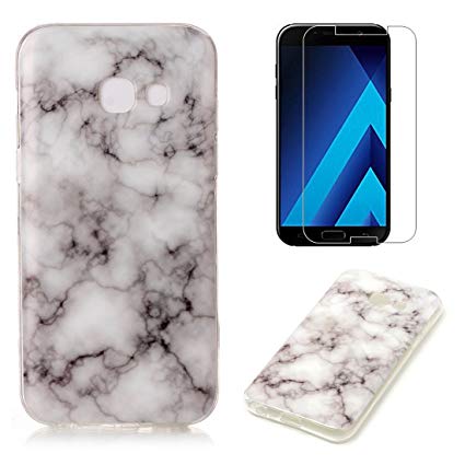 For Samsung Galaxy A5 2017 A520 Marble Case with Screen Protector ,OYIME Creative Glossy Gray Marble Pattern Design Protective Bumper Soft Silicone Slim Thin Rubber Luxury Shockproof Cover