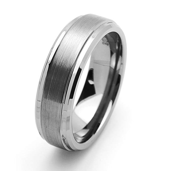 Double Accent 7MM Comfort Fit Tungsten Carbide Wedding Band Beveled Edges (5 to 15)
