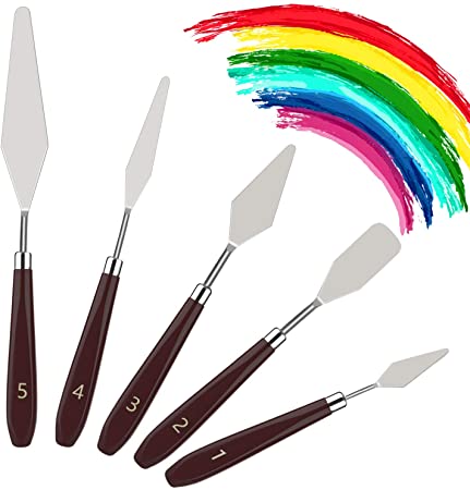 MoKo 5 Pieces Stainless Steel Palette Knife Set, Thin and Flexible Art Tools with Wooden Handle for Oil Painting, Color Mixing, Thick Application Acrylic Painting, Reddish Brown