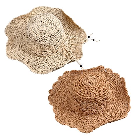 BMC 2pc Womens Roll Up Foldable Wide Brim Wavy Edge Straw Material Sun Hat
