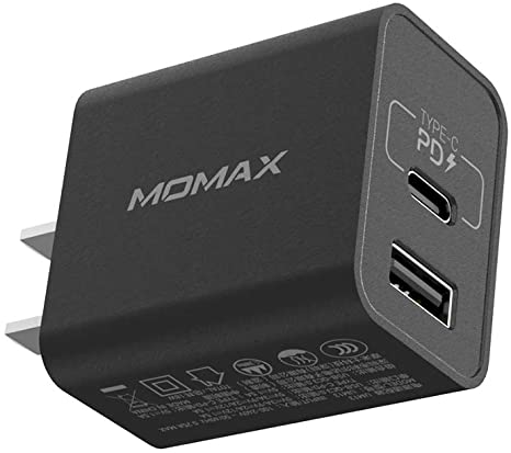 USB C Charger, MOMAX 18W PD Fast Charging plus QC3.0 USB Adapter PD Wall Charger Dual Port USB Charging Adapter,Compatible for iPhone 11/11 Pro / 11 Pro Max, Galaxy S9 S8, iPad Pro 2018 and Mo (Black)