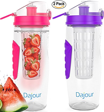 Fruit Infuser Water Bottle 32 Ounce NO BPA Sports Flavor Infusion Bottle - PLUS Recipe Ebook and Cleaning Brush INCLUDED