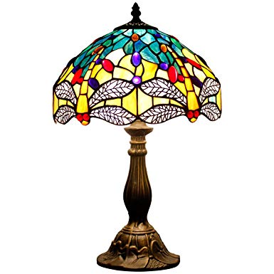 Tiffany Lamp Sea Blue Yellow Stained Glass and Crystal Bead Dragonfly Style Table Lamps Height 18 Inch for Living Room Antique Desk Beside Bedroom S128 WERFACTORY
