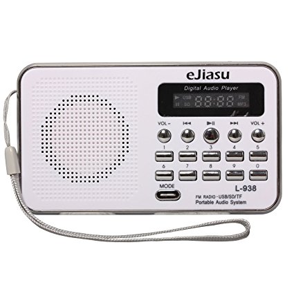 Gtide Mini Digital Portable FM Radio Support MP3 Music Player TF/SD Card/USB Port/LED Screen Display/Flashlight/Rechargeable Battery/Headphone Output/Audio Input for PC iPod iPhone(white)