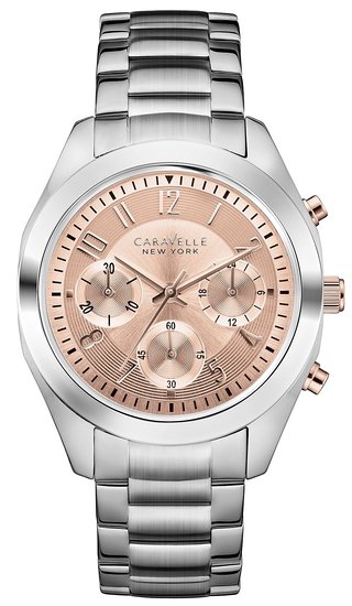 Carvelle New York Silver Women's Quartz Watch with Rose Gold Dial Chronograph Display and Silver Stainless Steel Bracelet 45L143