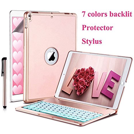 Daphnee ipad pro 10.5 keyboard case,new protective bluetooth keyboard case aluminum hard shell smart cover with 7 Colors backlit keyboard,auto sleep/wake for apple ipad pro 10.5 2017 Tablet,rose gold