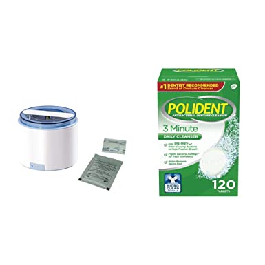 iSonic DS180 Portable Denture/Aligner/Retainer Cleaner & Polident 3-Minute Antibacterial Denture Cleanser - Mint, 3 Minute Whitening, 120 Count