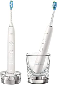 Philips Sonicare DiamondClean 9000 Set of 2 White Electric Toothbrushes, 4 Modes, 3 Intensities, Gum Pressure Sensor, App, Connected Handles, Charging Glass & Stand, UK 2-Pin Bathroom Plug - HX9914/55