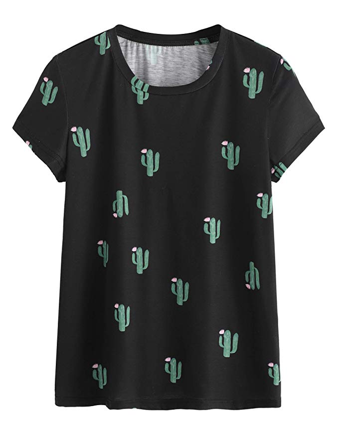 Romwe Women's Casual Tunic Top Planet Logo Allover Cartoon Cacti Cactus Graphic Print Tee Shirt