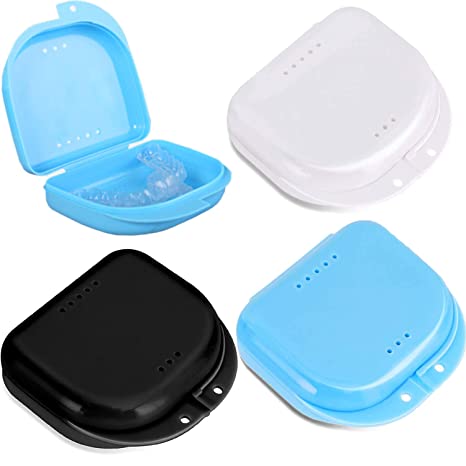 Retainer Case with Vent Holes, 3 Pack Orthodontic Mouth Guard Cases Cute Denture Case Tight Snap Lock Retainer Holder(Black/Blue/White)