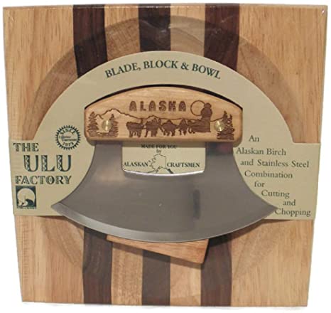Ulu Factory Alaska Ulu Birch Walnut Stripe Wood Chopping Bowl-board Dog Team Design Handle