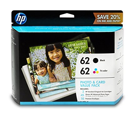 HP 62 Black & Tri-color Original Ink Cartridges with Photo Paper, 2 Cartridges (K3W67AN)