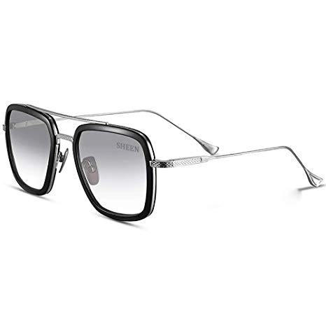 Retro Aviator Sunglasses Square Metal Frame for Men Women Sunglasses Classic Downey Iron Man Tony Stark Gradient Lens Flat