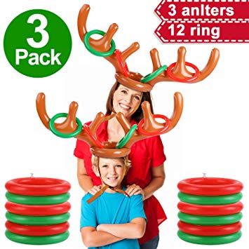 3Pack Inflatable Reindeer Antler Ring Toss Game for Christmas Party Supplies Xmas Target Game Toys Christmas Stock Stuffer (3 Antlers 12 Rings