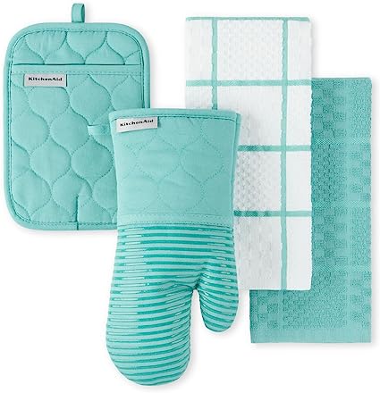 KitchenAid Onion Quilt KT OM PH Kitchen Towel, Oven Mitt & Potholder Set, Aqua Sky