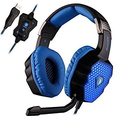 SADES A70 Virtual 7.1 Channel Wired USB Surround Sound Stereo Professional PC Gaming Headset Over-Ear headband headphones with Microphone Volume Control Breathing LED light(Black&Blue)