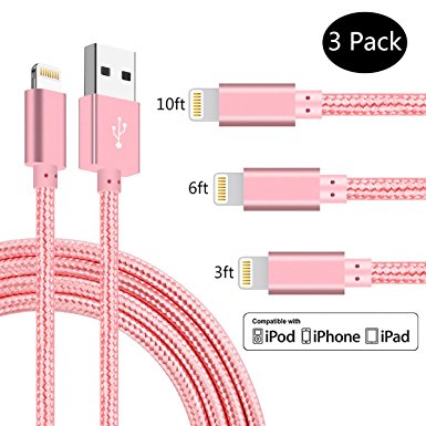 SPEATE,iPhone Chargers 3PCS 3FT 6FT 10FT Nylon Braided Lightning USB Cable Cord Charger Compatible with iPhone X iPhone 8 8 Plus 7 7 Plus 6 6s 6 Plus, iPhone 5 5s,iPad, iPod (Rose Gold)