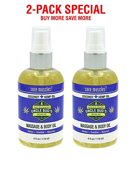 Uncle Bud's 2-Pack Special - Massage Oil Coconut Hemp - for Relaxing Massage,Body oil,Moisturizing Skin and Sore Muscle Relief