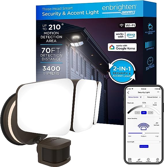 Enbrighten LED Wi-Fi Smart Security Light, App Control, Motion Activated, Three Head, Bronze, ETL Listed, UV Resistant, 3400 Lumens, 4000K, Flood Light for Patio, Yard, Garage, Driveway, 58245