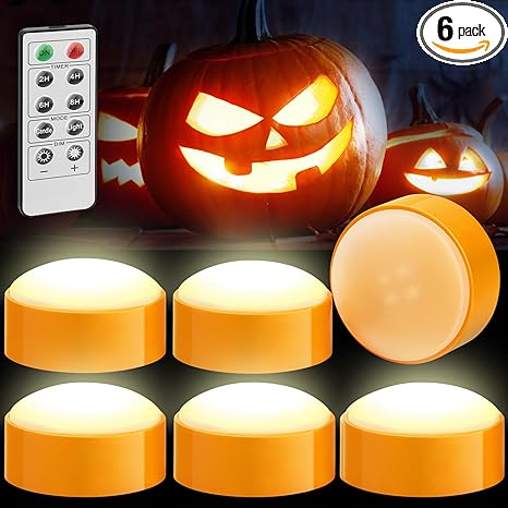 [6-Pack] Halloween LED Pumpkin Lights with Remote and Timer, Battery Operated Orange Jack-O-Lantern Light for Halloween Decor, Flameless Candles for Pumpkin Decoration