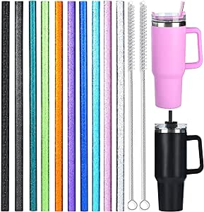 ALINK 10 Pack Glitter Straws for Stanley 40 oz 30 oz Tumbler, 12 in Long Reusable Plastic Colorful Straws for Stanley Cup Accessories, Half Gallon Jug, Plus 2 Cleaning Brush