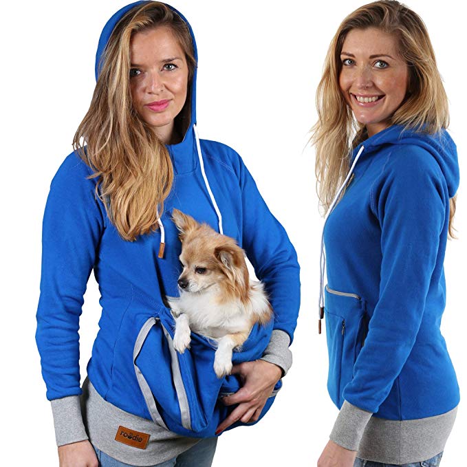 Roodie Pet Pouch Hoodie - Cat Dog Holder Cuddle Sweatshirt - Large Kangaroo Carrier Pocket - No Ears Paws - Womens Fit