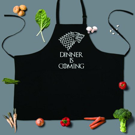 Famgem Grill Aprons Dinner is Coming Professional for BBQ, Bake, Cooking- Inspired Game of Kitchen Novetly GOT Chef Gift Handcraft 100% Cotton, 3 Pockets, Adjustable Neck Strap, Black