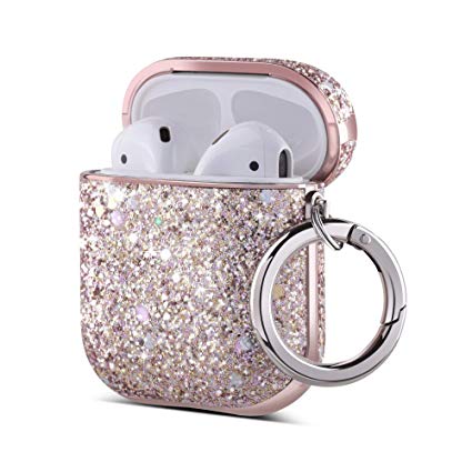 ULAK AirPods Case, Luxury Glitter Leather with Mirror Surface Plating Hard Cover,Shockproof Protective AirPod Accessories with Keychain for Apple AirPod Charging Case 2 & 1(LED Visible)(Pink Glitter)