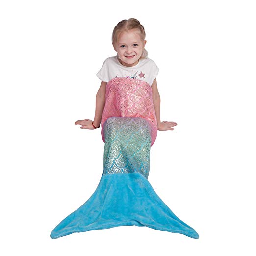 Kids Mermaid Tail Blanket,Plush Soft Flannel Fleece All Seasons Sleeping Blanket Bag,Rainbow Ombre Glittering Fish Scale Design Snuggle Blanket,Best Gifts for Girls,17"×39"