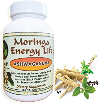 Ashwagandha Capsules by Moringa Energy! - 100% Pure and Natural Ashwagandha Root Extract Plus Black Pepper in 120 Capsules, 500 mg per Capsule. Vegan and Organic for Natural Focus and Clarity.