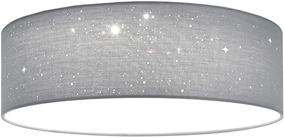 Navaris Flush Mount Ceiling Light - 15.75" Diameter Drum Lamp Shade LED Fixture with Sparkling Star Effect - Bedroom or Nursery Lighting - Light Gray