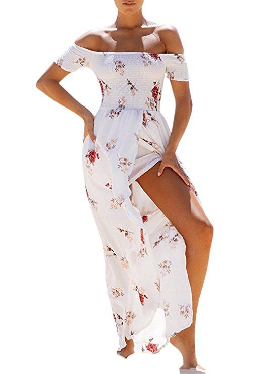 ZESICA Women's Floral Off the Shoulder Split Chiffon Beach Party Maxi Dress