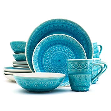 Euro Ceramica Fez Collection 16 Piece Ceramic Reactive Crackleglaze Dinnerware Set, Service for 4, Teardrop Mandala Design, Turquoise