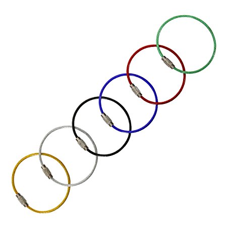 12pcs 6 Assorted Color Stainless Steel Wire Keychain Key Ring Cable Ring for Hanging Luggage Travel Bag Suitcase Name Metal Tag Keyrings and ID Tag Keepers