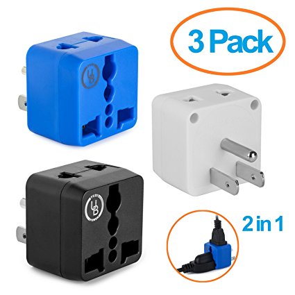 Yubi Power 2 in 1 Universal Travel Adapter with 2 Universal Outlets - Built in Surge Protector - 3 Pack - Black White Blue - Type B for USA, Canada, Japan, Puerto Rico, Mexico, Philippines & More