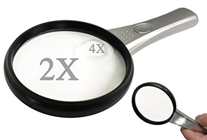 MagniPros 2X Handheld Magnifying Glass with 2 Ultra Bright LED Lights Reading Magnifier with 4X Spot Lens Ideal for Small Prints, Maps, Macular Degeneration