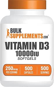 BulkSupplements.com Vitamin D3 10000IU Softgels - Cholecalciferol, D3 Supplement, Vitamin D 10000 IU - 1 Vitamin D3 Softgel (250mcg of Vitamin D) per Serving - 500-Day Supply, 500 Softgels