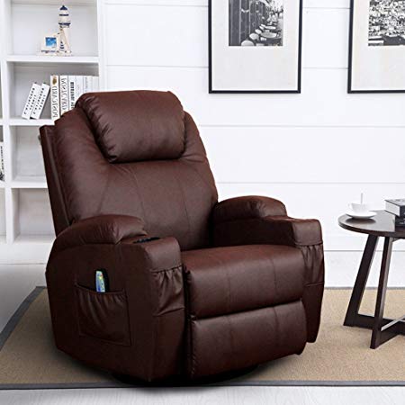 Homedex 360 Degree Swivel Massage Recliner Leather Sofa Chair Ergonomic Lounge Swivel Heated with Control (Brown)