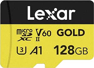 Lexar 128GB Professional Gold Micro SD Card, UHS-II, C10, U3, V60, A1, Full HD, 4K UHD, Up to 280/100 MB/s, for Drones, Action Cameras, Portable Gaming Devices (LMSGOLD128G-BNNNG)