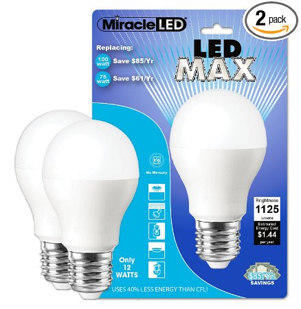 MiracleLED 604720 12-watt LED MAX 1125 Lumens Perfect A19 Household Replacement Light Bulb Cool White 2-Pack