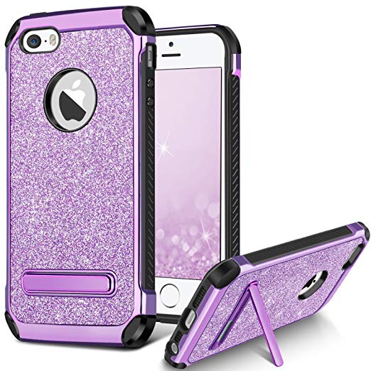 BENTOBEN Case for Apple iPhone SE/iPhone 5S / iPhone 5, Dual Layer Hybrid Heavy Duty Shockproof Protective Rugged Kickstand Phone Case Glitter Bling Sparkly Faux Leather Girl Women Cases, Purple