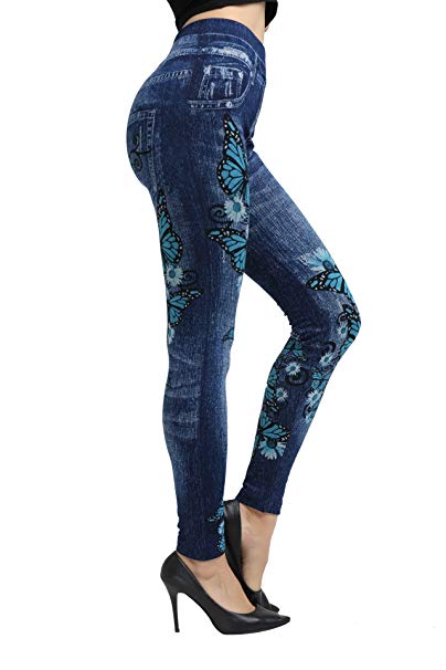 DESDEMONA Women's Denim Print Jeans Seamless Jeggings Full Length Sexy Leggings